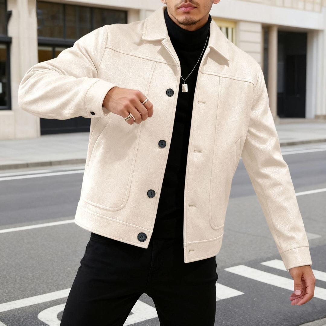 Herren nan moderner Trucker-Overshirt aus Velourslederimitat mit Ziernähten und aufgesetzten Taschen EB