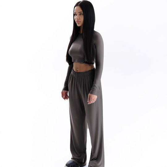 Damen Elegantes Zweiteiliges Set mit cropped Oberteil und weiten Hosen EB