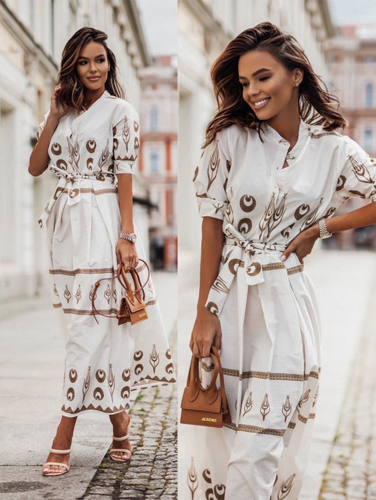 Damen Hemdblusenkleid mit elegantem Muster und tailliertem Gürtel EB