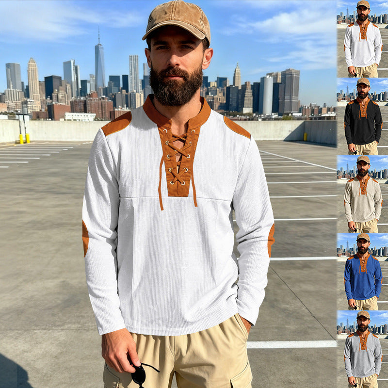 Herren Waffelstrick-Langarmshirt mit Schnürung und Kunstvelours-Ellbogenpatches EB