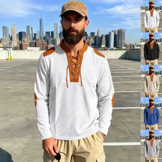 Herren Waffelstrick-Langarmshirt mit Schnürung und Kunstvelours-Ellbogenpatches EB