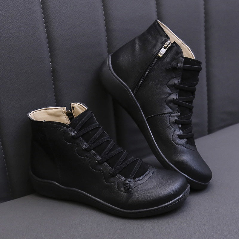 Damen nan knöchelhohe Lederstiefelette mit seitlichem Reißverschluss, elastischer Schnürung und ergonomischer Komfortsohle EB