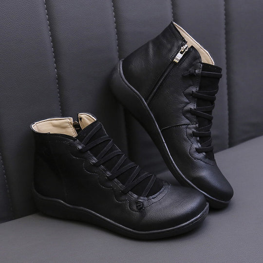 Damen nan knöchelhohe Lederstiefelette mit seitlichem Reißverschluss, elastischer Schnürung und ergonomischer Komfortsohle EB