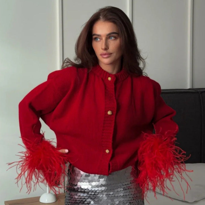 Damen lässige Strickjacke mit dekorativen Fransen und hochwertigen Knöpfen EB