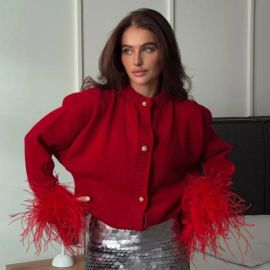 Damen lässige Strickjacke mit dekorativen Fransen und hochwertigen Knöpfen EB