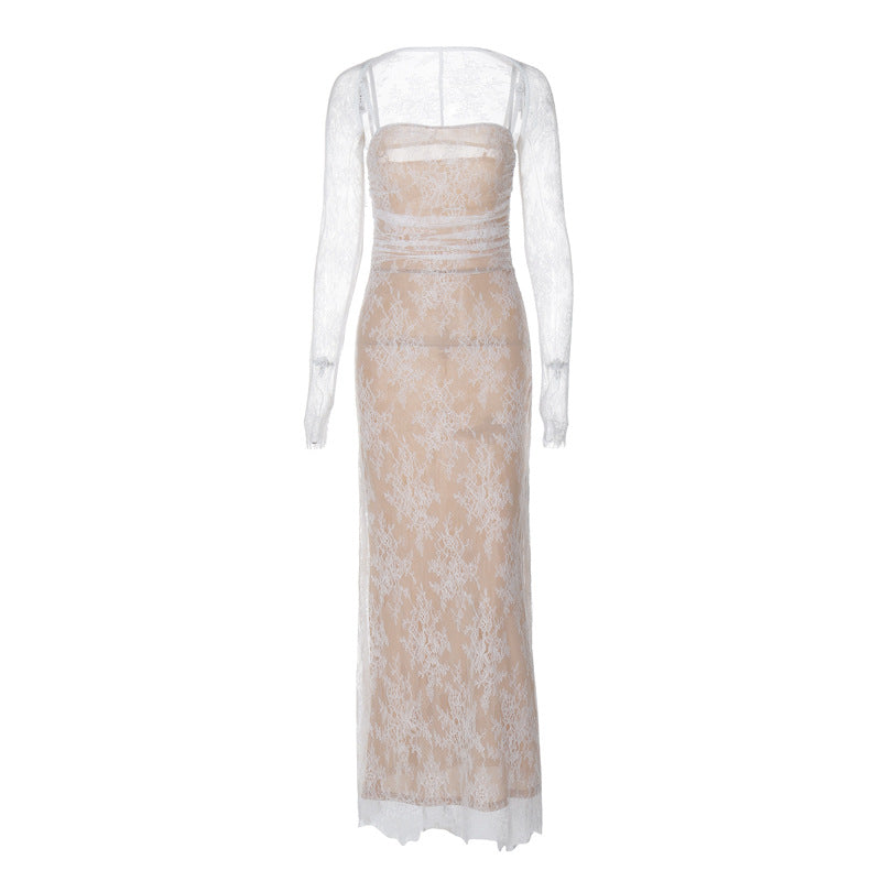 Damen Spitzennachtkleid mit transparenten Ärmeln und figurformendem Schnitt EB