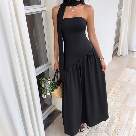 Damen Elegantes Maxikleid mit asymmetrischem Saum und schickem Trägerdesign EB