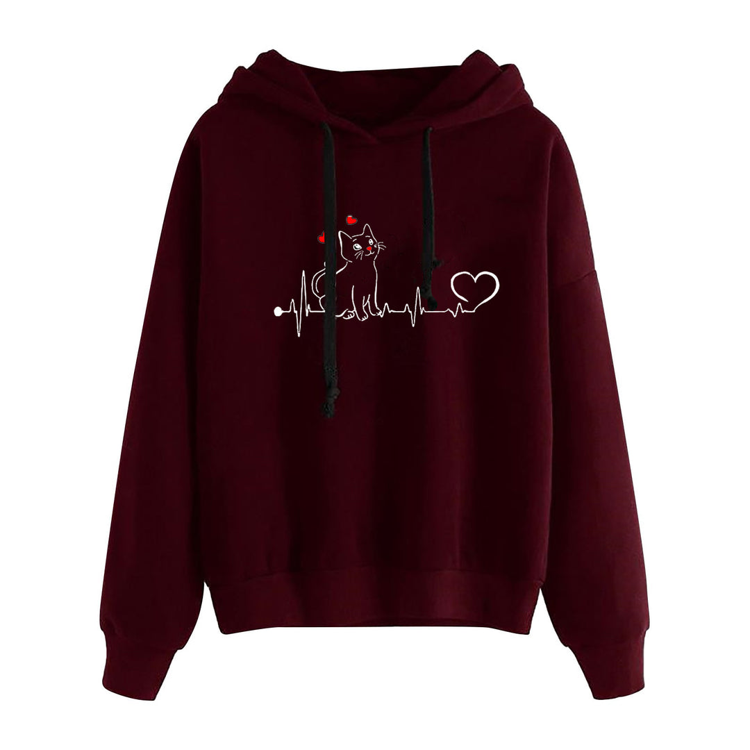 Damen nan leichter Oversize Kapuzenpullover mit Herz‑EKG‑Motiv, langen Kordeln und elastischem Bund EB