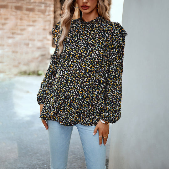 Damen nan geblümte Chiffon-Bluse mit gerafftem Stehkragen, Volant-Schultern und tailliertem Stufen-Saum EB