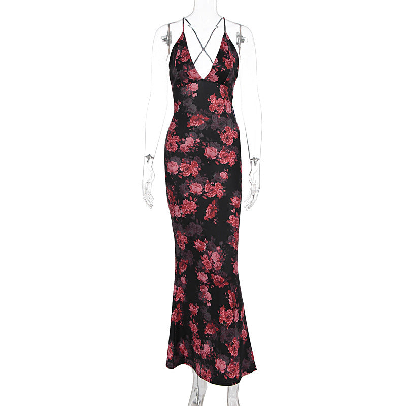 Damen Elegantes Maxikleid mit tiefem V-Ausschnitt und Spaghettiträgern EB