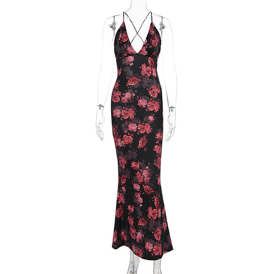 Damen Elegantes Maxikleid mit tiefem V-Ausschnitt und Spaghettiträgern EB