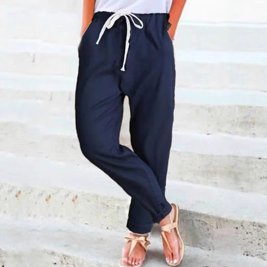 Damen nan lässige Relaxhose mit elastischem Bund, Kordelzug, Eingrifftaschen und umgeschlagenem Saum EB