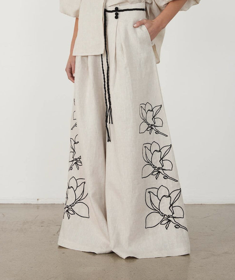 Damen Weit geschnittene Leinenhose mit floralen Stickereien EB