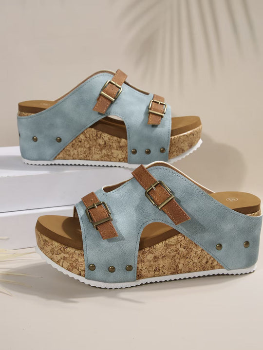 Damen bequeme Wedge-Pantoletten mit dekorativen Riemchen und korkgesunder Sohle EB