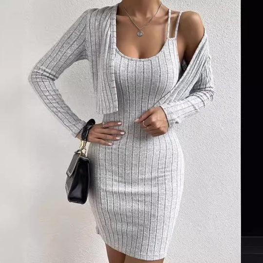 Damen Strickkleid mit geöffnetem Cardigan EB