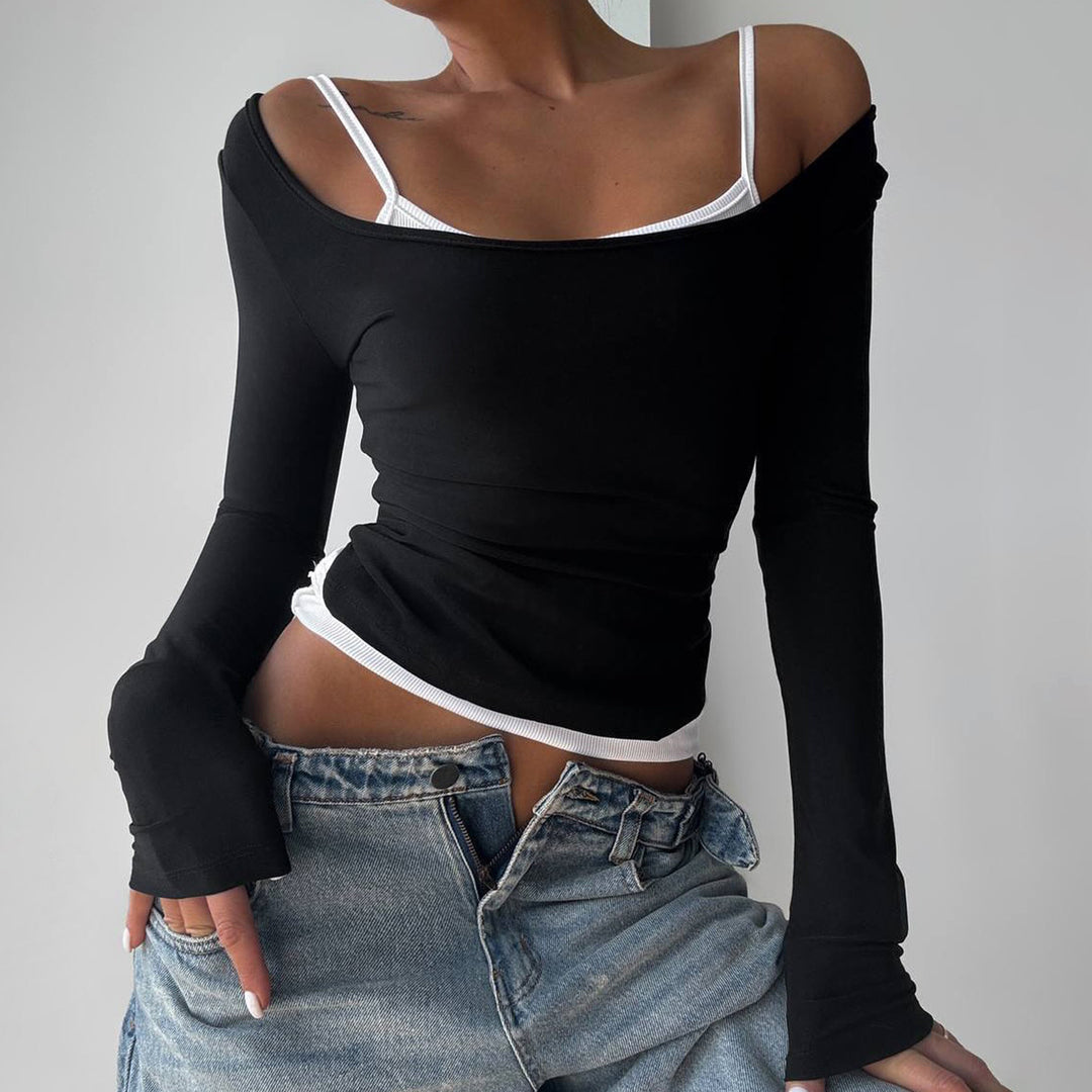 Damen nan tailliertes Longsleeve-Cropped-Top mit eckigem Ausschnitt und doppelten Spaghettiträgern EB