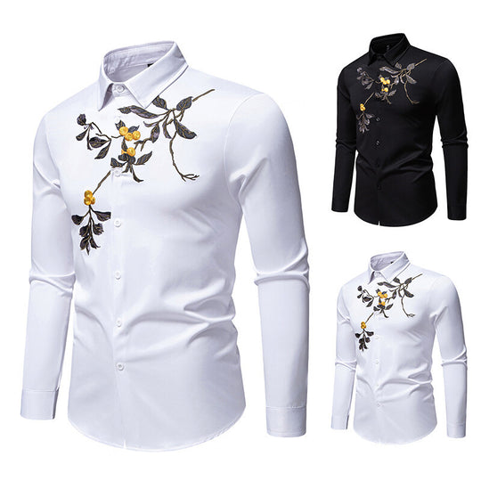 Herren elegantes Langarmhemd mit floraler Stickerei EB