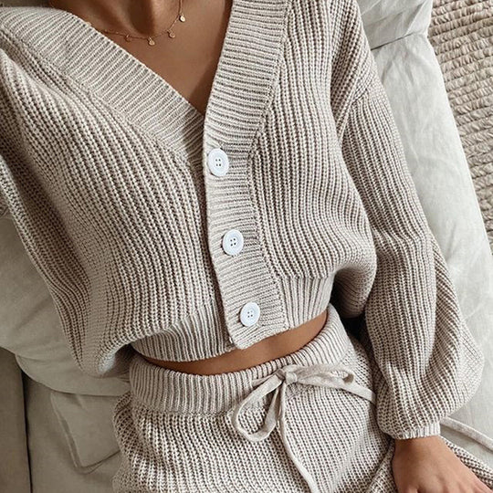 Damen Geripptes Strick-Loungewear-Set mit geknöpftem Cropped-Cardigan und High‑Waist Kordelhose EB