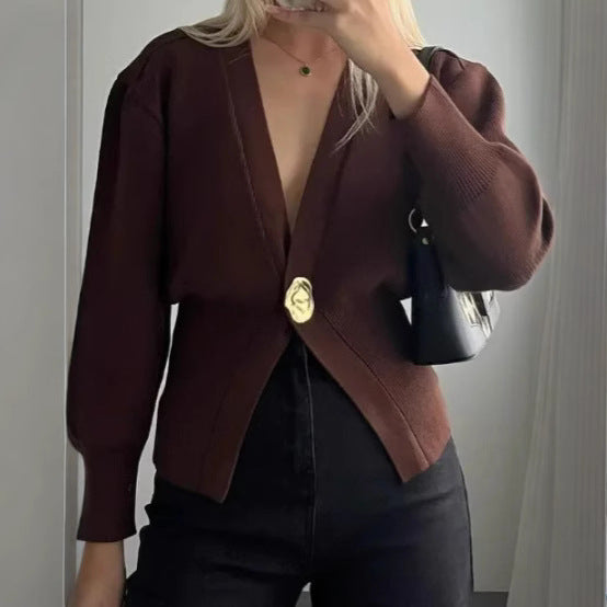 Damen Eleganter und lässiger Cardigan mit tiefem Ausschnitt und Schmuckknopf EB