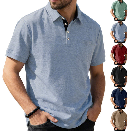 Herren nan Kurzarm-Polokragen-Shirt aus texturiertem Jersey mit Brusttasche und kontrastierter Knopfleiste EB