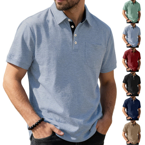 Herren nan Kurzarm-Polokragen-Shirt aus texturiertem Jersey mit Brusttasche und kontrastierter Knopfleiste EB
