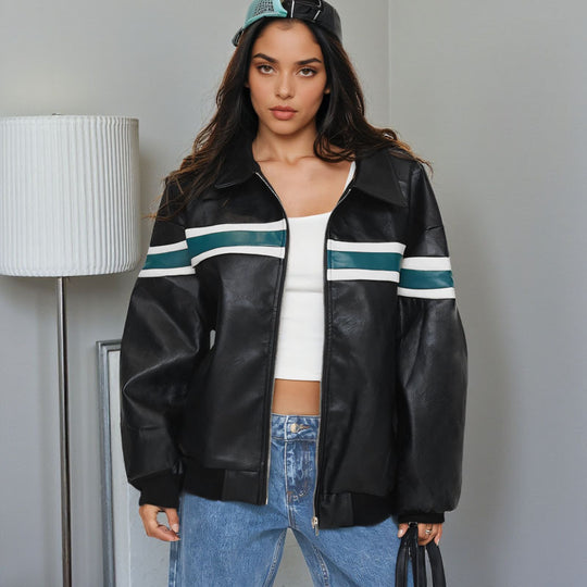 Damen Kunstleder-Bomberjacke mit Retro-Streifen und durchgehendem Reißverschluss EB