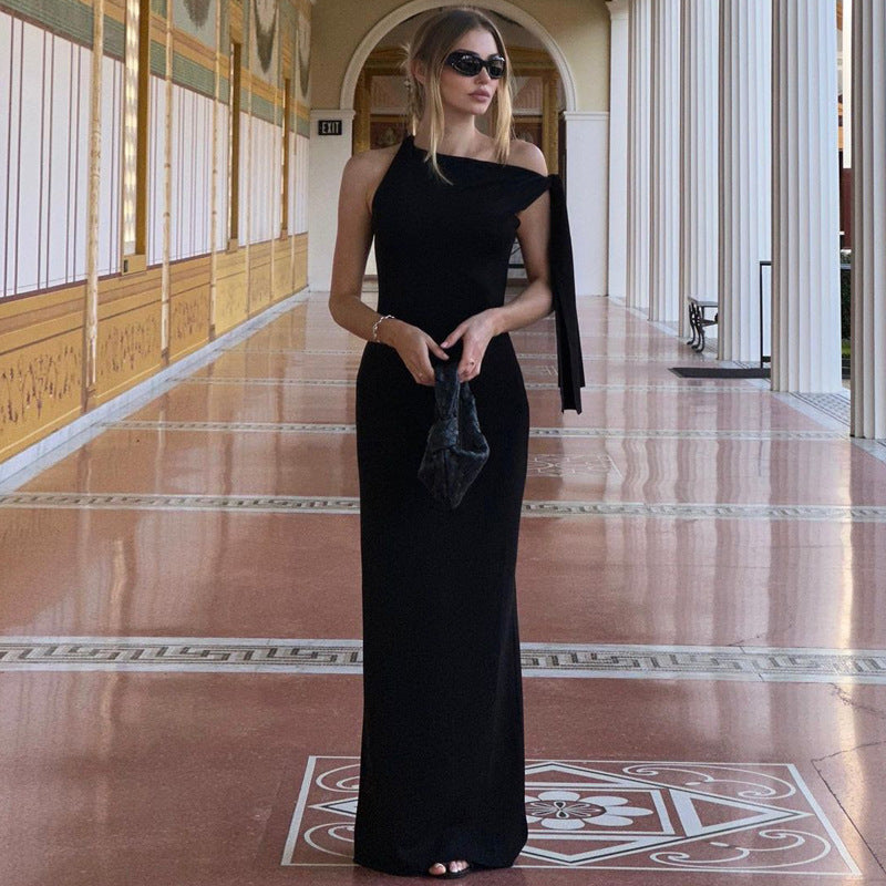 Damen Elegantes Einseitiges Maxikleid mit Bindeband und figurformendem Schnitt EB