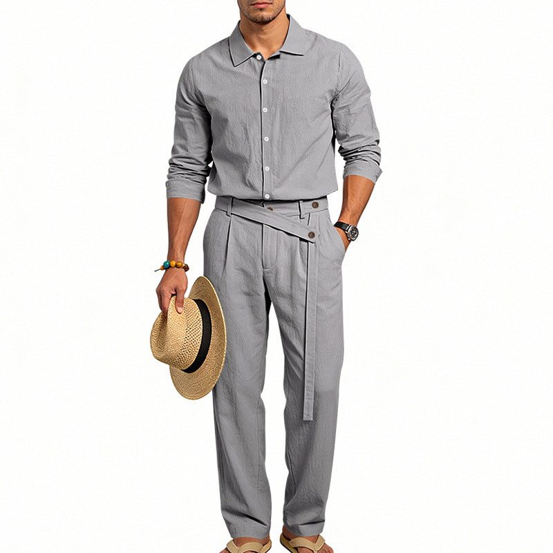 Herren nan eleganter Leinen-Zweiteiler mit Hemd und Hose mit hohem Bund und Bindegürtel EB
