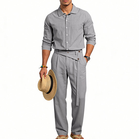 Herren nan eleganter Leinen-Zweiteiler mit Hemd und Hose mit hohem Bund und Bindegürtel EB