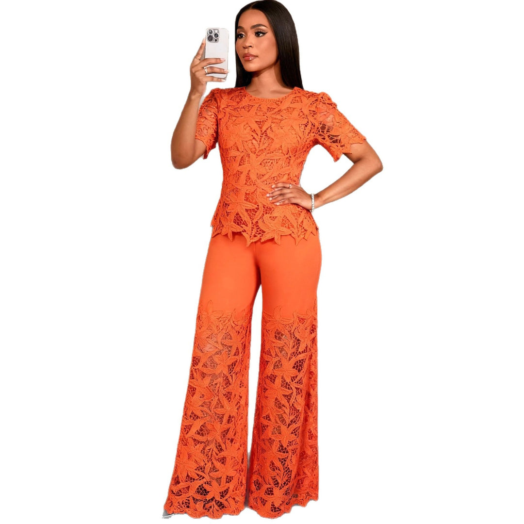 Damen elegante weit geschnittene Hose mit 3D gestickten Spitzenakzenten EB