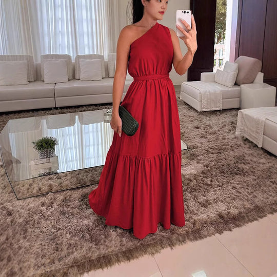 Damen Maxi-Kleid mit asymmetrischem Schnitt und elegantem Taillengürtel EB