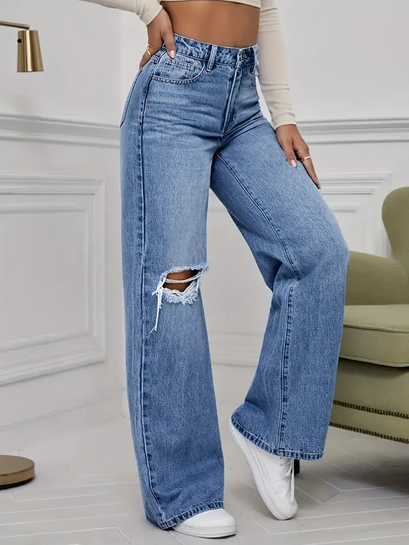 Damen Weite Jeans mit schicken Rissdetails und hohem Bund EB
