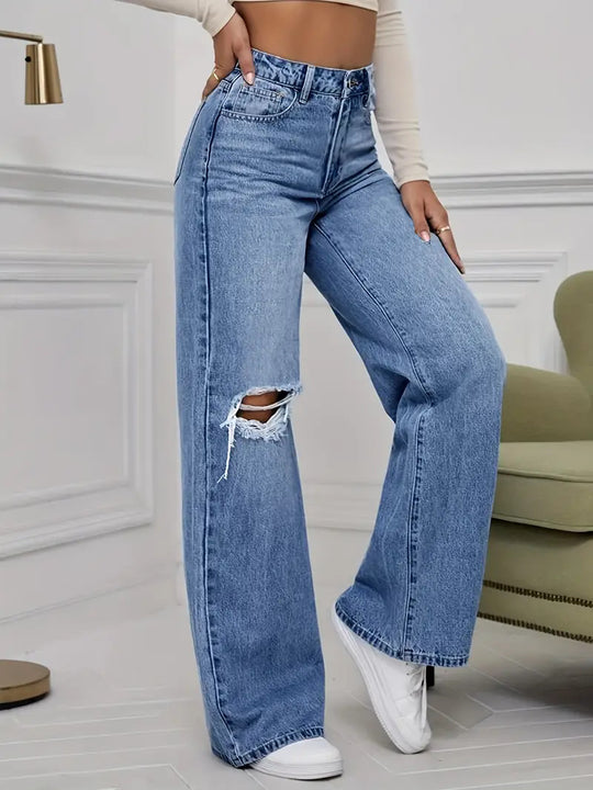 Damen Weite Jeans mit schicken Rissdetails und hohem Bund EB