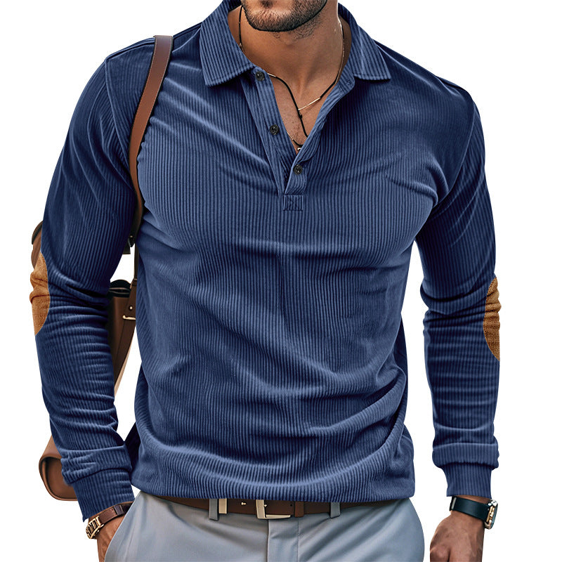 Herren lässiges Langarm-Henley-Shirt mit strukturiertem Rippenstoff und kontrastierenden Ellbogenpatches EB