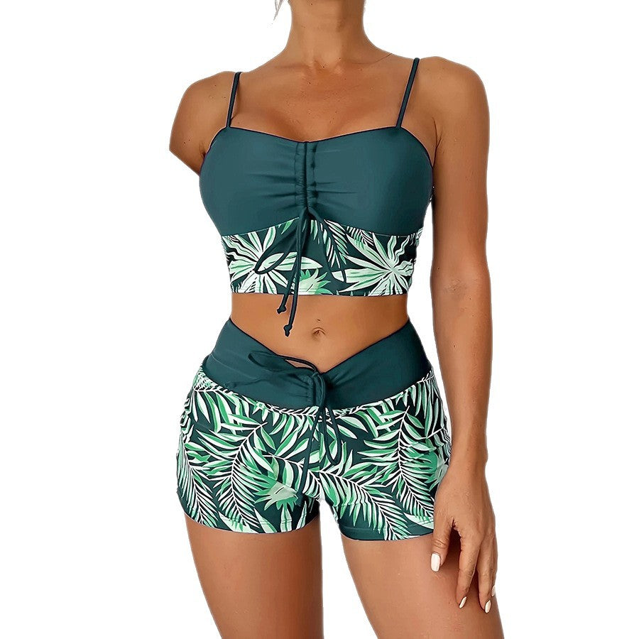 Damen Crop-Top Bikini mit floralem Design und bequemen Shorts EB