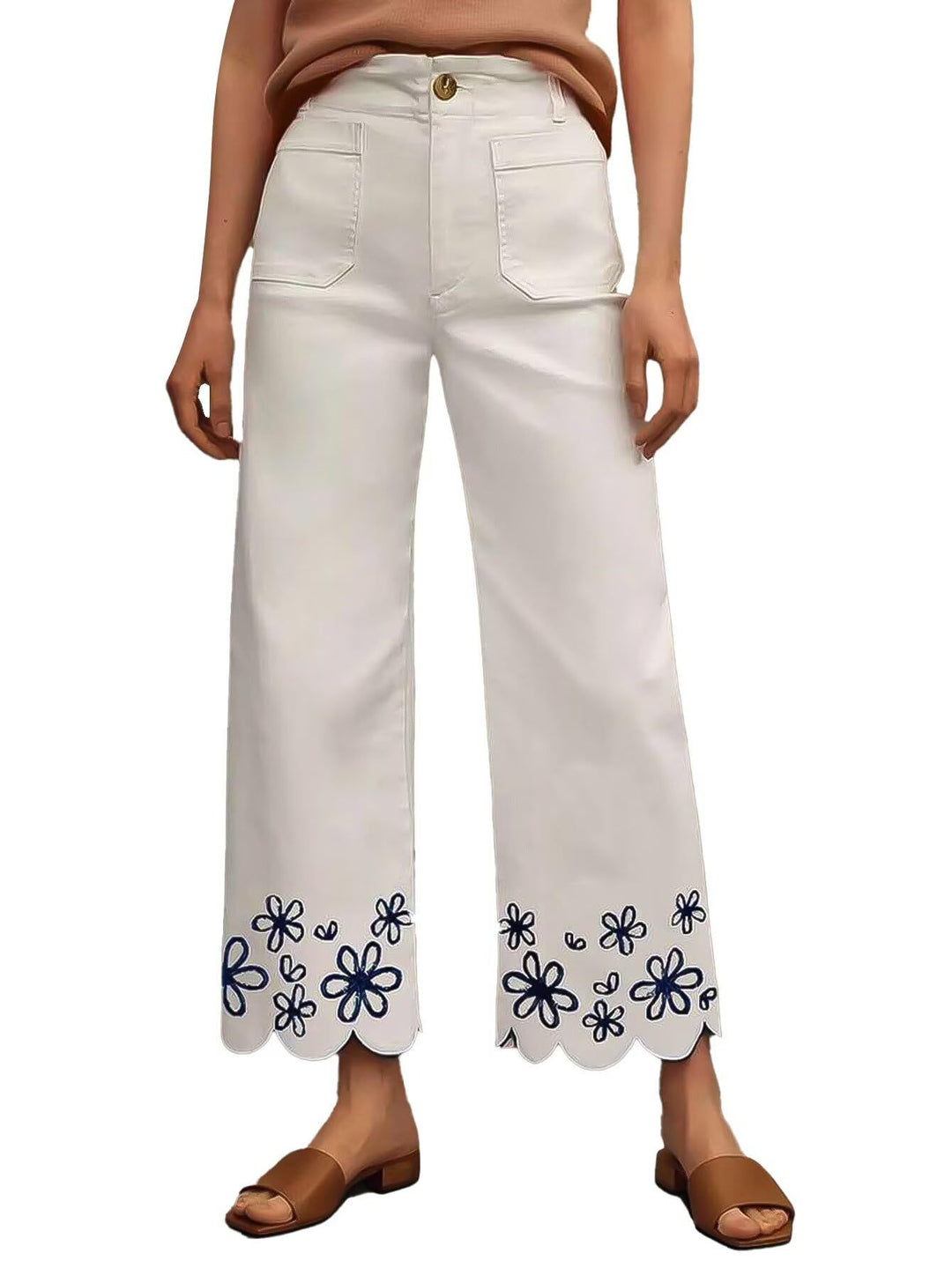 Damen Weite Culotte-Jeans mit gesticktem Blumenmuster EB