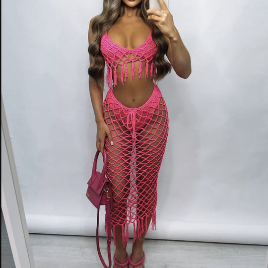 Damen Häkel-Bikini-Set mit raffinierter Netzstruktur und verführerischen Fransen EB