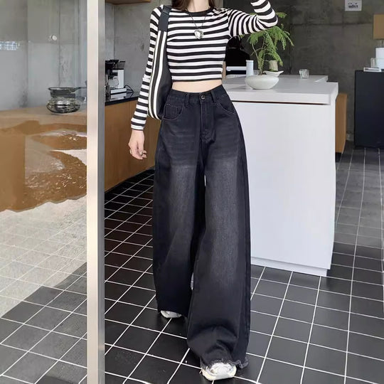 Damen Weite High-Waist Denim-Hose mit modischem Schnitt und auffälligem Gürtel EB