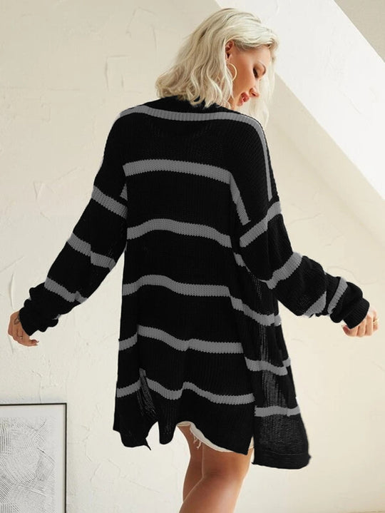 Damen Langer Strickcardigan mit Streifenmuster und offenem Design EB