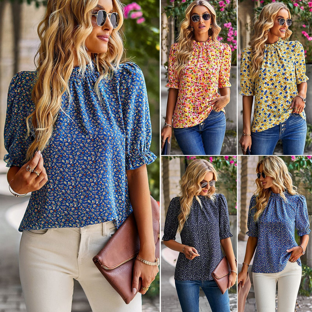 Damen Bluse mit Verspieltem Blumendesign und Puffärmeln EB