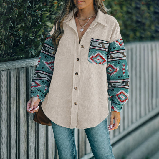 Damen Cord‑Hemdenjacke mit gemusterten Strickärmeln und aufgesetzter Brusttasche EB