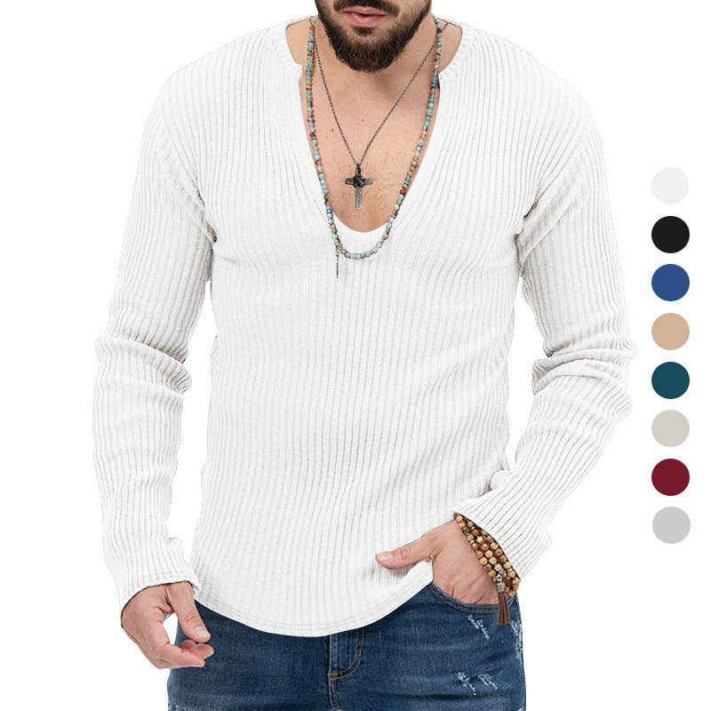 Herren lässiger Ripp-Pullover mit tiefem V-Ausschnitt und feiner Struktur EB