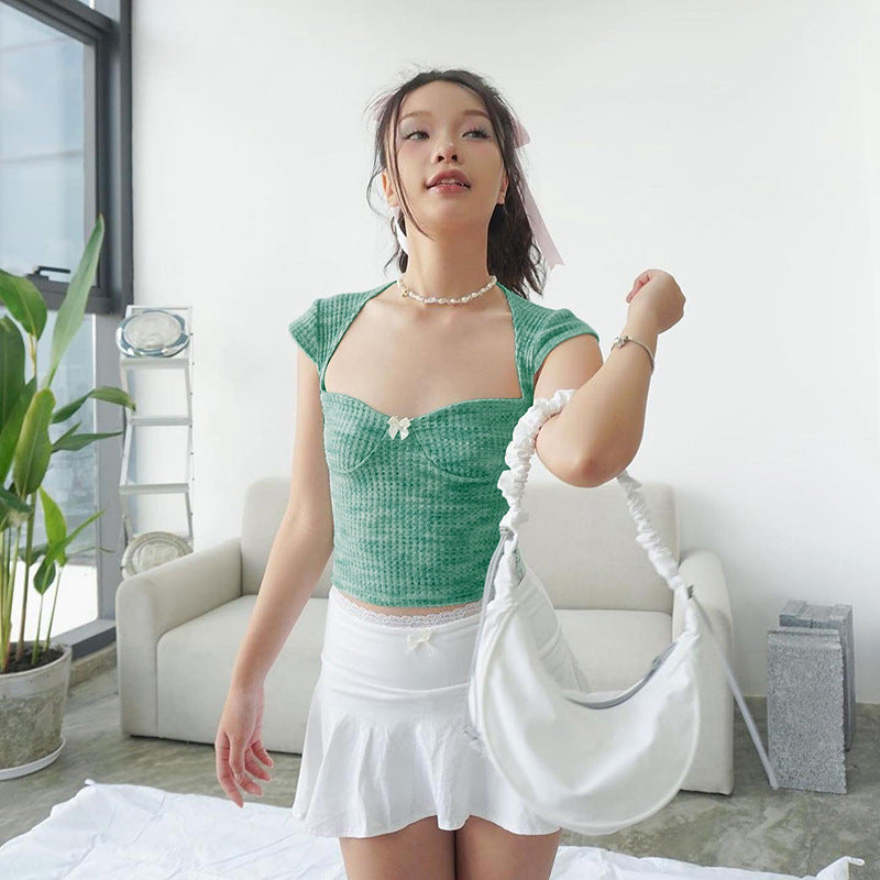 Damen Kurzarm-Crop-Top mit femininem Rückenausschnitt und dekorativem Bogen EB