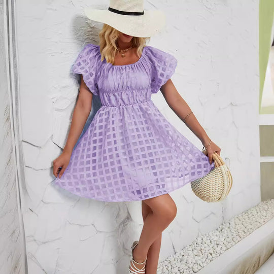 Damen Sommerkleid mit luftigen Puffärmeln und verspieltem Karo-Muster EB