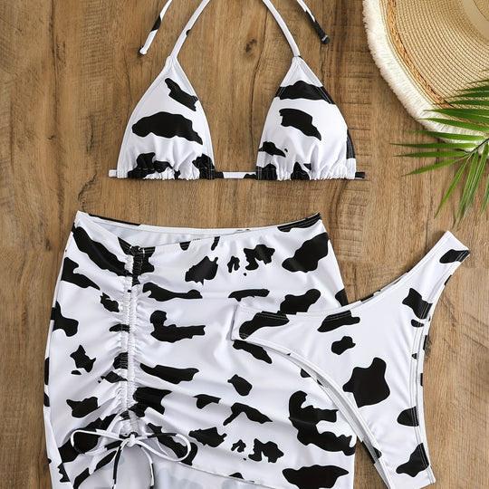 Damen Triangel-Bikini mit verstellbarem Rock und einzigartigem Kuhmuster EB