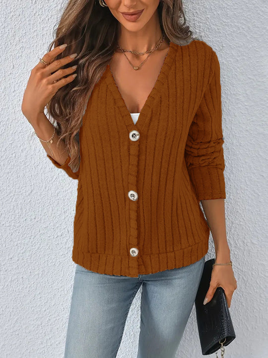Damen nan gerippter V-Ausschnitt Strickcardigan mit dekorativen Knöpfen, leicht überschnittener Schulter und kastigem Saum EB
