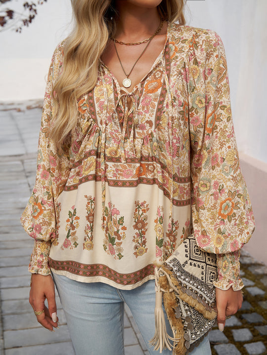 Damen Boho-Bluse mit Schleifenverzierung und floralen Mustern EB