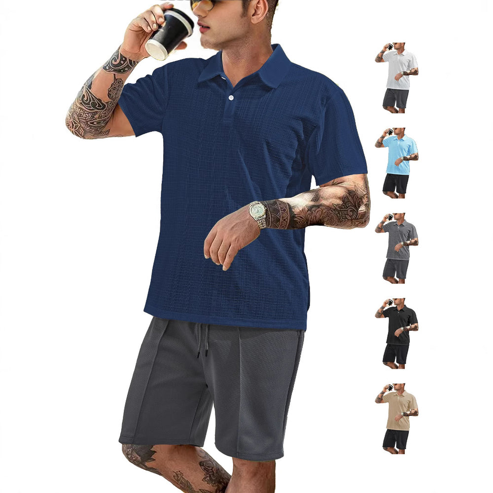 Herren nan zweiteiliges Sommer-Reise-Set mit texturiertem Kurzarm-Poloshirt und funktionalen Mesh-Shorts EB