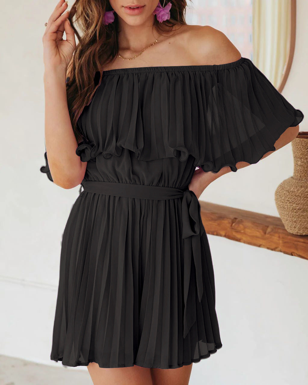 Damen Plissiertes Minikleid mit schulterfreien Puffärmeln und Taillengürtel EB