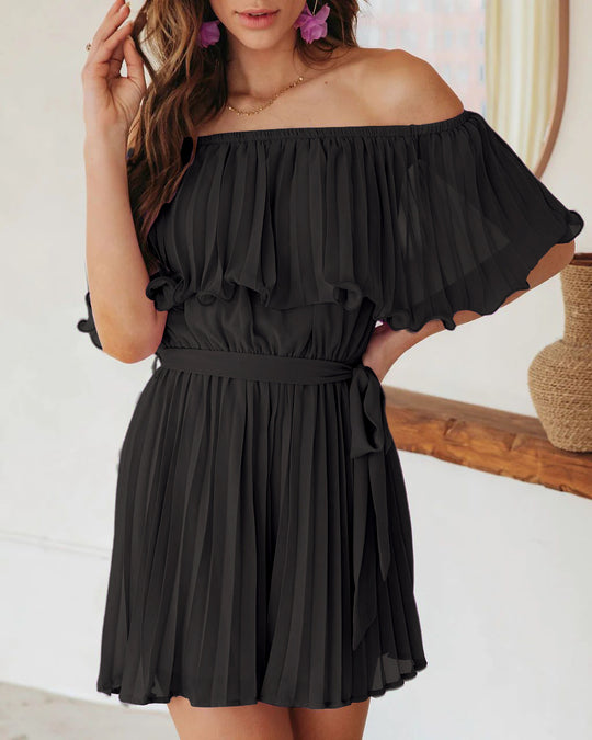 Damen Plissiertes Minikleid mit schulterfreien Puffärmeln und Taillengürtel EB